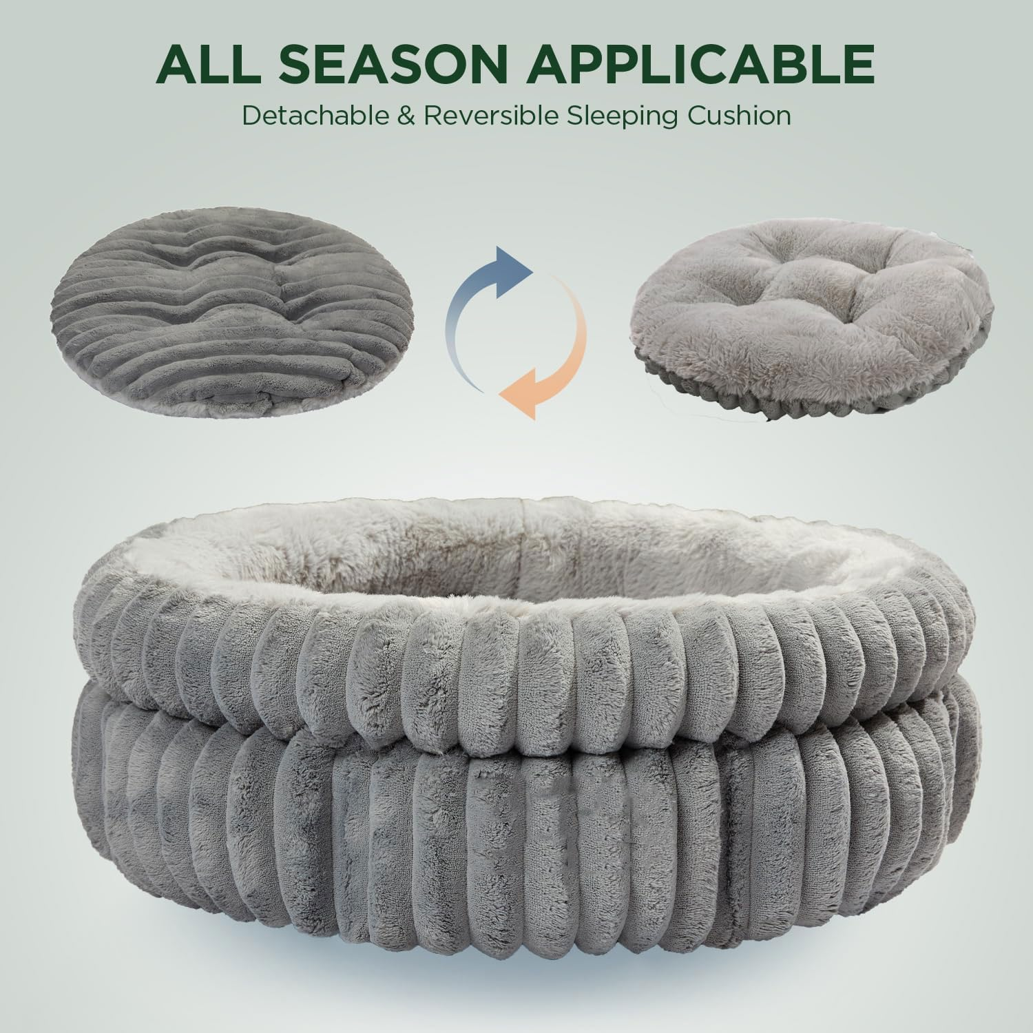 Cat Bed Kitten Bed, Washable round Cat Beds for Indoor Cats, Super Soft Plush Faux Fur Pet Bed for Puppy and Kitten with Anti-Slip Bottom (Grey, 60 X 60 X 20 Cm) image number 1