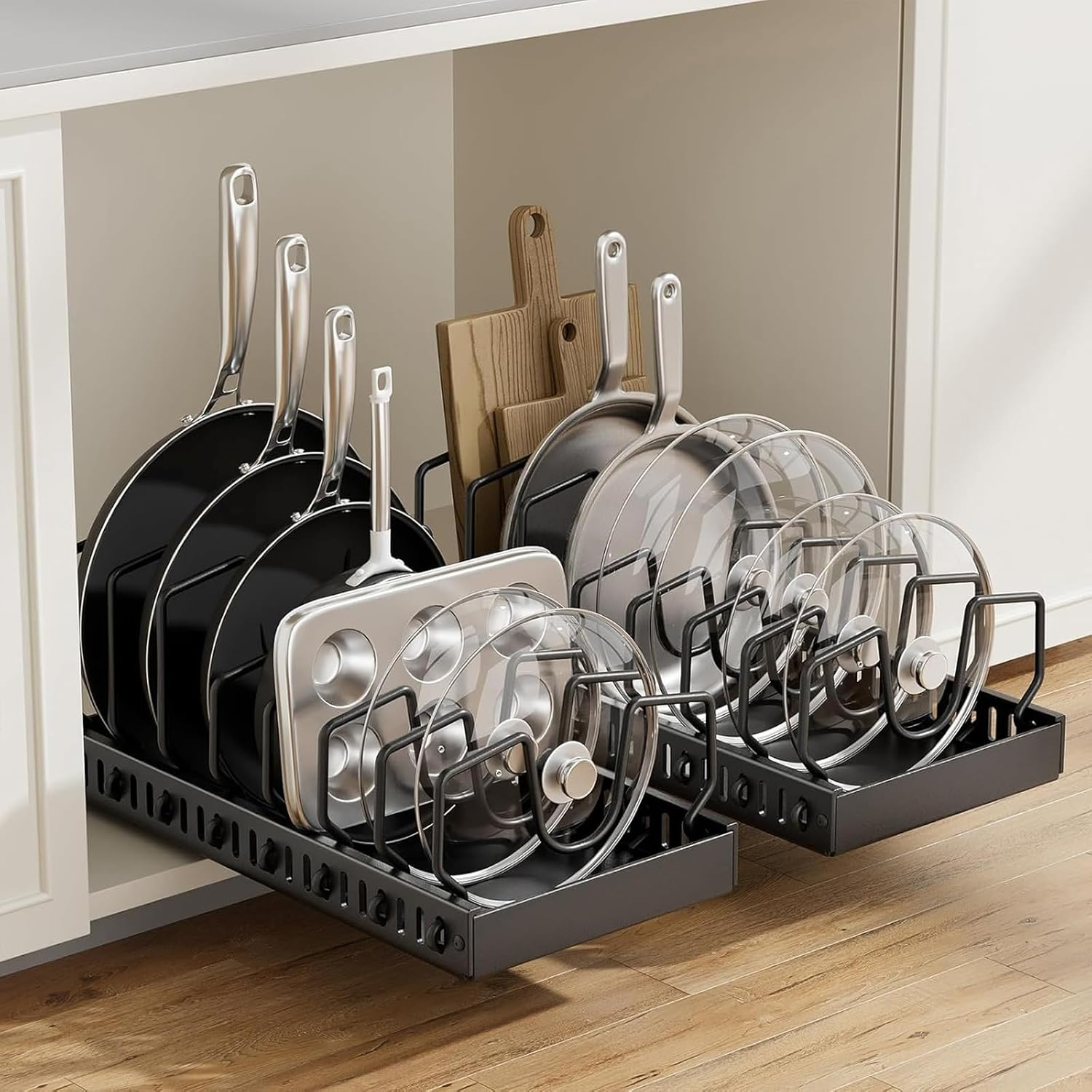 2 Pack Pots and Pans Organizer for Cabinet, Pull Out Pots and Pans Organizer under Cabinet, Pan Organizers Storage with 8 Adjustable Dividers for Pot Lid, Dishes (White)
