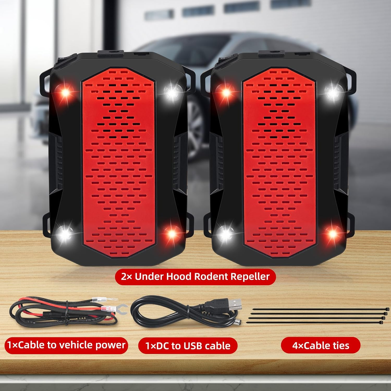 2 Pack Ultrasonic Rodent Repellent under Hood Animal Repeller Battery Powered with Red & White Strobe Lights Rat Deterrent Out of Car Engines Rodent Defense Vehicle Protection image number 6