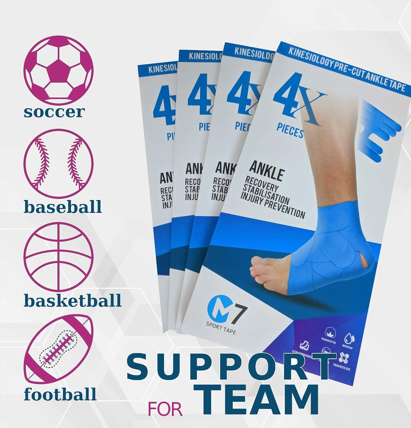 M7 Sport Kinesiology Ankle Tape for Ankle Sprain and Injury Recovery, Kt Tape for Ankle, Pain Relief Therapeutic Tape, Plantar Fasciitis, Waterproof, Eases Swelling (Beige, 4-Pack) - Beige image number 2