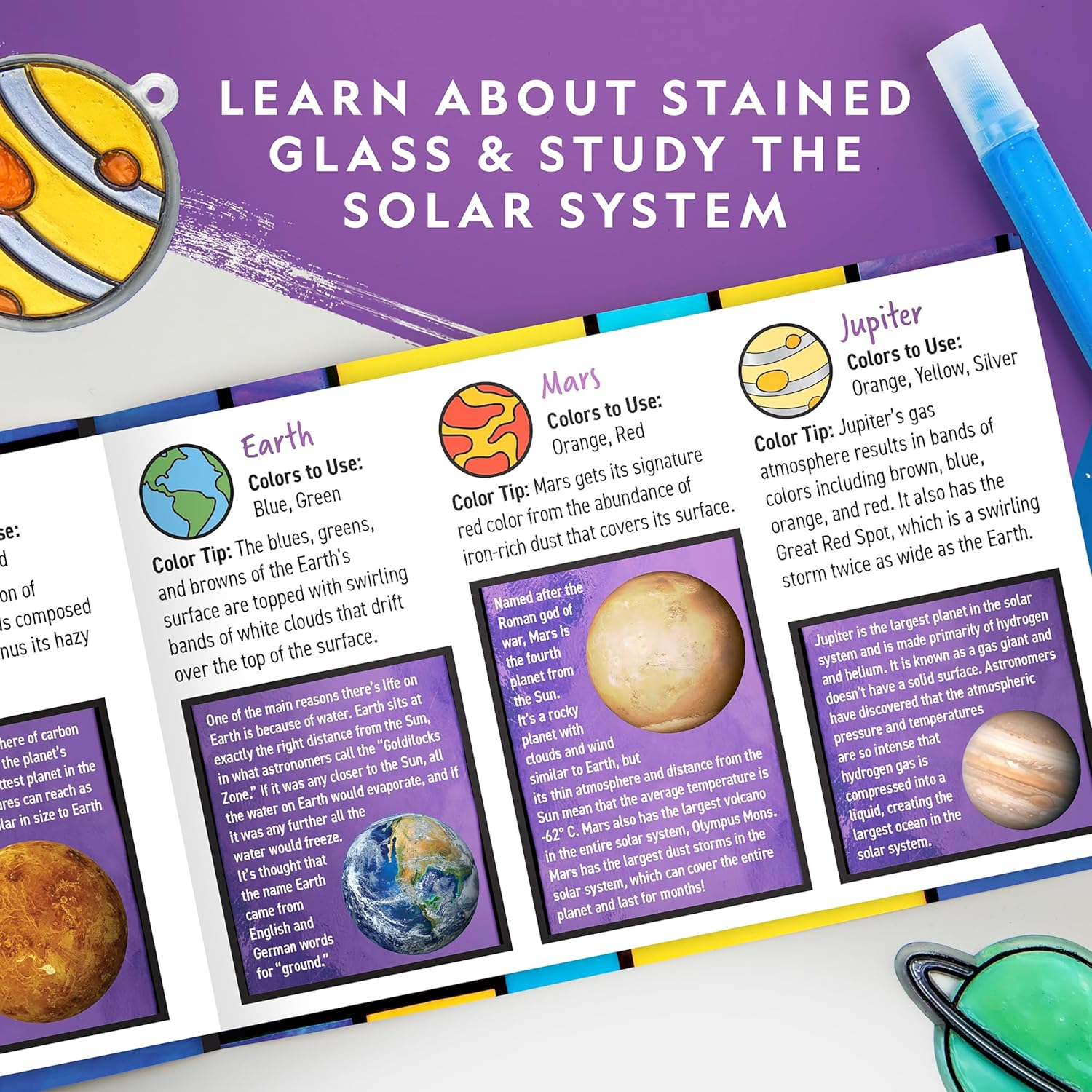 National Geographic Kids Window Art Kit - Stained Glass Solar System Arts & Crafts Kit with Glow in the Dark Planets, Suncatchers, Space Room D&eacute;cor image number 5