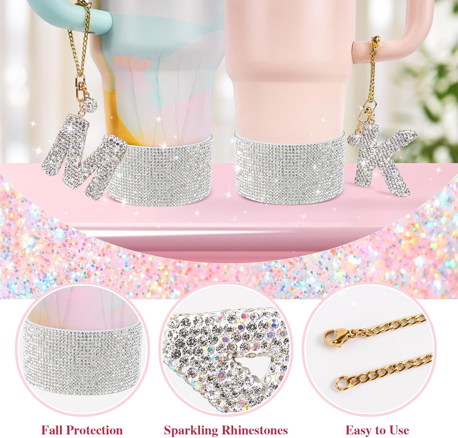 Water Bottle Accessories Set for Stanley Cup 30Oz 40Oz, Bling Letter Charms, Diamond Straw Cover, Glitter Silicone Boot, Personalized Sticker, Bow Straw Topper for Stanley Cup Accessories (G) image number 5