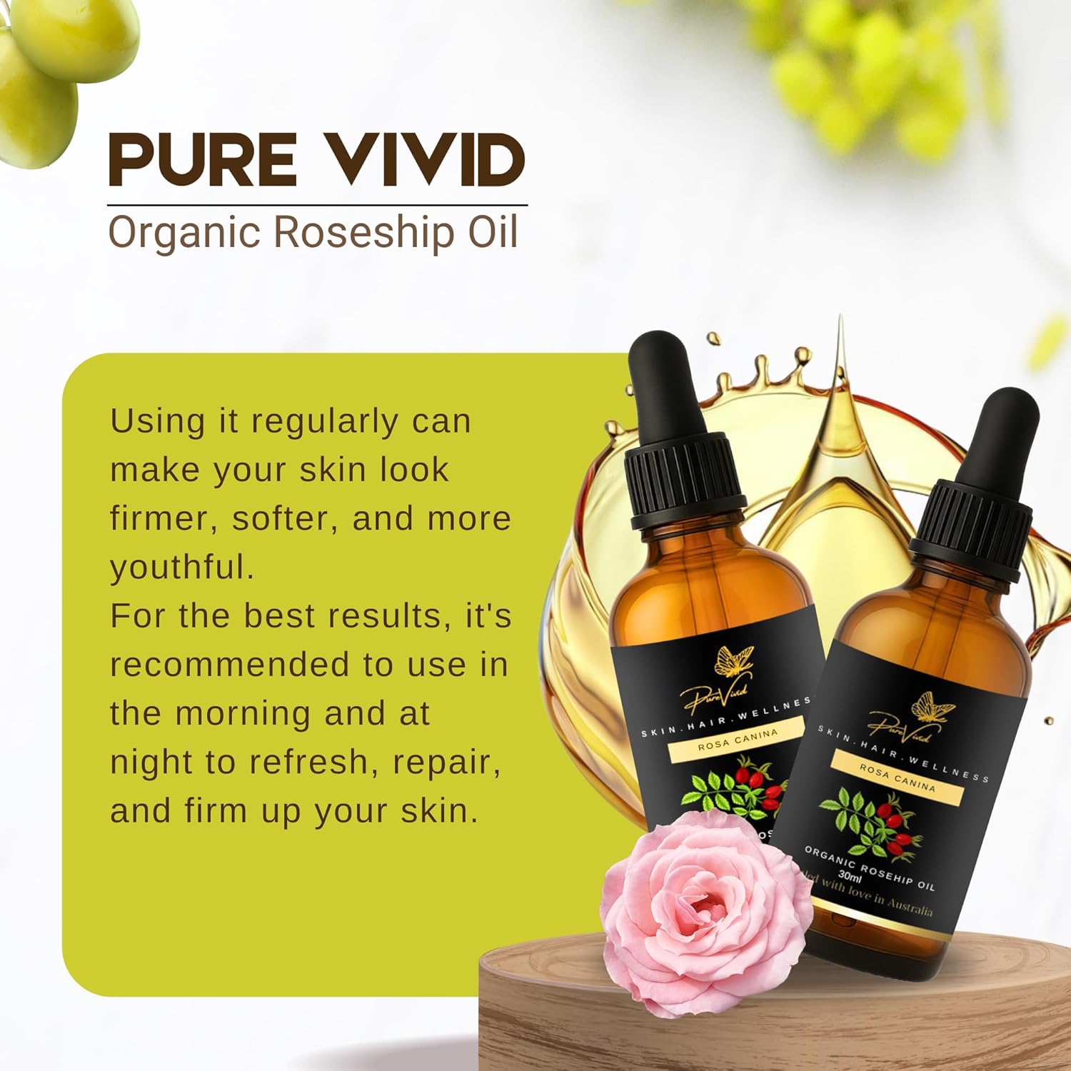 Pure Vivid Organic Rosehip Seed Oil 30Ml &ndash; 100% Pure Cold Pressed | Natural Unrefined Carrier Oil for Face, Skin, Hair & Nails | Non-Gmo |Oil for Daily Use | Amber Dropper Bottle image number 4