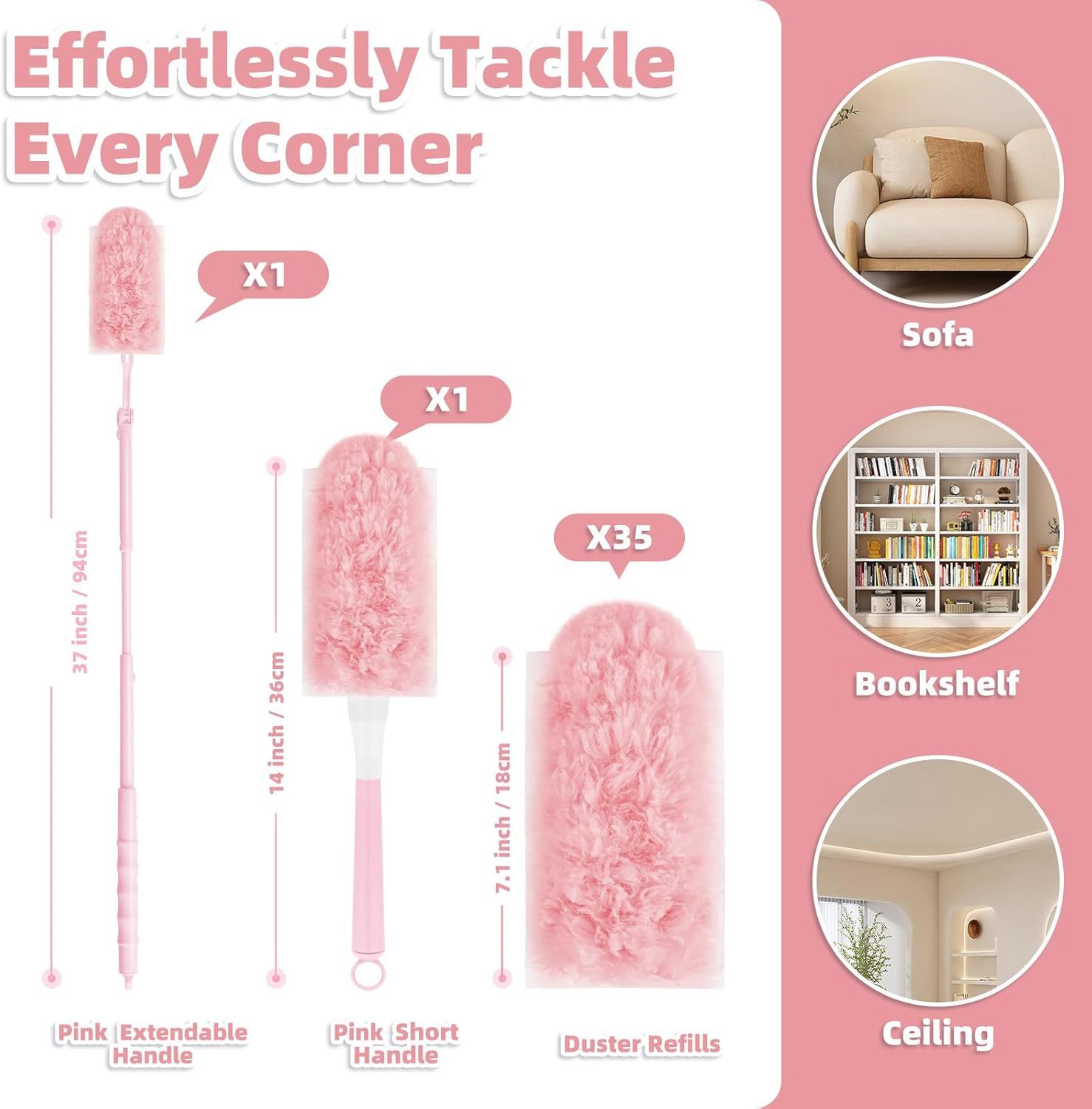 Nicemiya Pack of 37 Duster Compatible with Swiffer Dust Magnet Refill Pack 360&deg; Duster, for Cleaning Pet Hair, Dust Dirt (35 Cloths + 2 Handles, Pink) image number 6