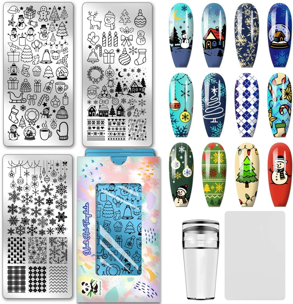 PH Pandahall 3Pcs Christmas Winter Nail Stamping Plate Kit, Snowman Christmas Art Templates Stainless Steel Nail Art Stencils with Stamper and Scraper for DIY Print Manicures Salon Design Decoation image number 5