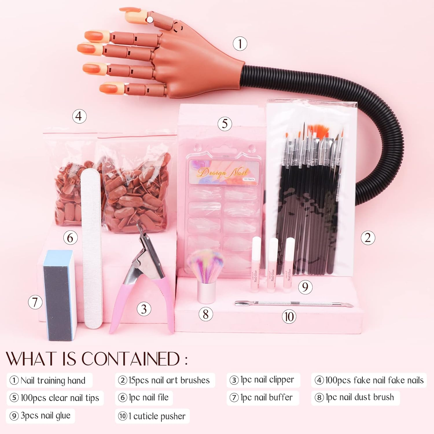 SAVILAND Practice Hand for Acrylic Nails, Flexible Moveable Fake Hands, Manicure Trainng Hand Nail Kit for Beginners, Movable Nail Maniquin Hand with 200PCS Nail Tips, Nail Glues, Brush and Clipper
