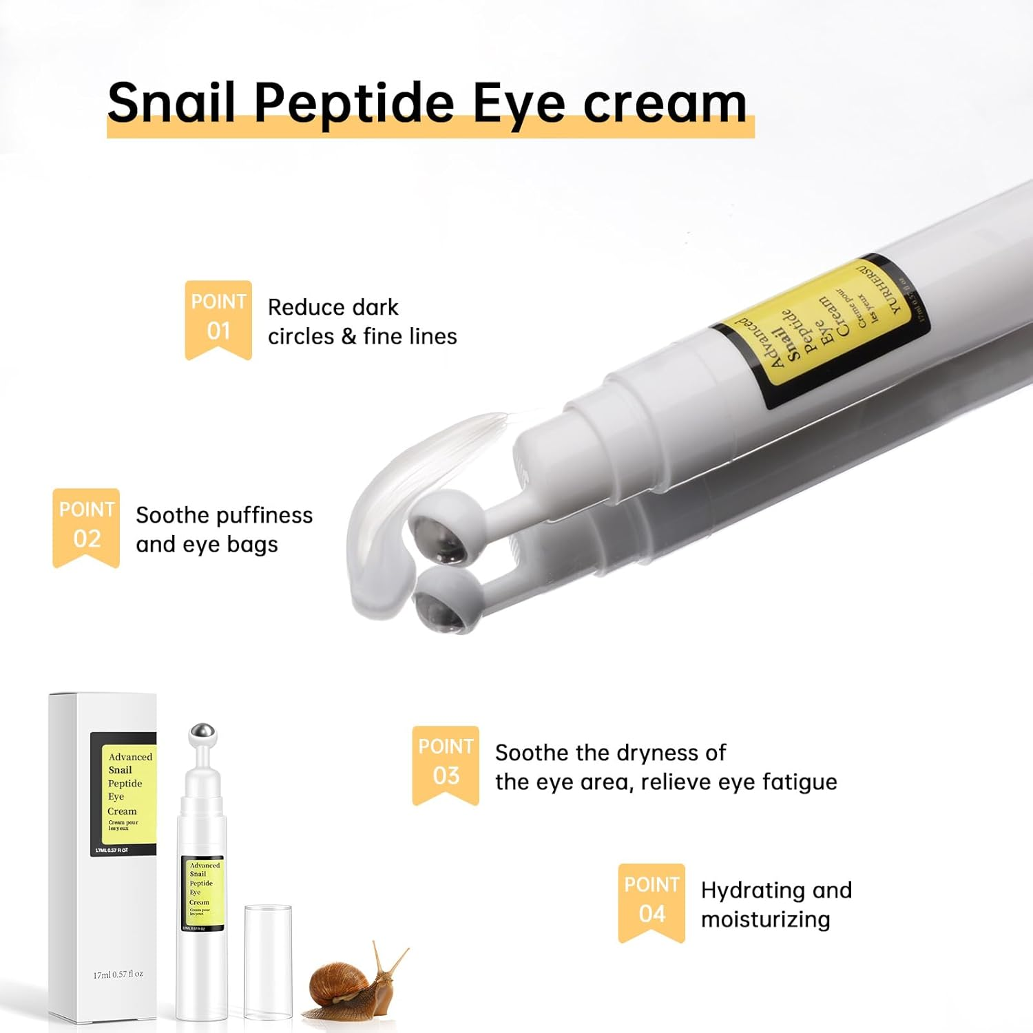 Snail Peptide Eye Cream for for Dark Circles, Puffiness and Fine Lines, Snail Mucin Eye Cream with Niacinamide, Hyaluronic Acid. (1 Pcs-17Ml)
