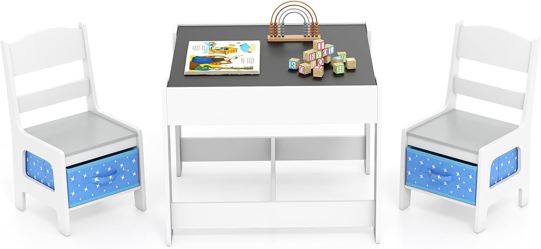 HONEY JOY 3 in 1 Kids Wooden Table & 2 Chair Set, Children Activity Table Desk Sets W/Storage Drawer, Detachable Blackboard, Toddler Table and Chair Set for Drawing, Eating, Reading (Natural)