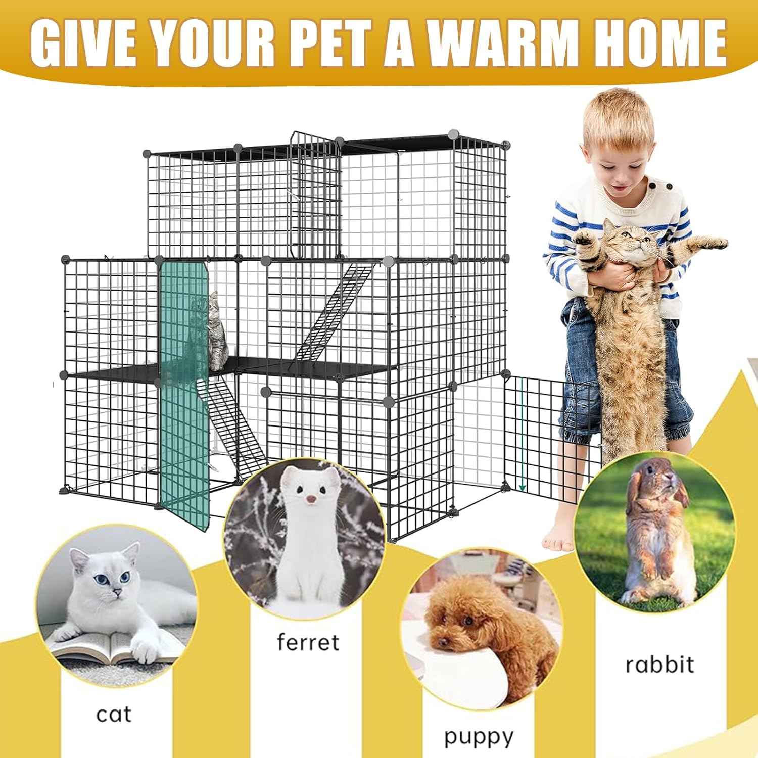 LIODUX DIY Cat Enclosure, Large Cat Cage, Indoor Cats Playpen Detachable Metal Wire Kennels, Pet Crate Large Exercise Place Ideal for 1-2 Cats, Small Animals (70 X 70 X 70CM) image number 3