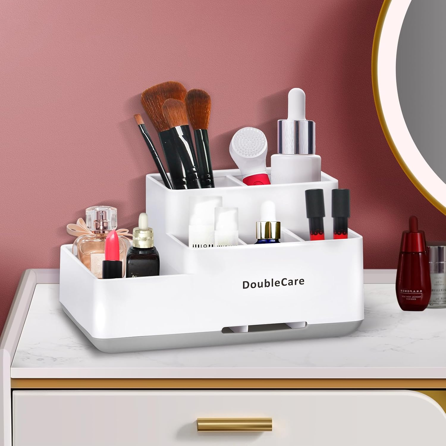 Toothbrush Holder with Anti-Slip,Bathroom Organizer Countertop Detachable for Easy Cleaning, Multifunctional Storage,Bathroom Caddy for Toothpaste (White) - Marble White image number 6