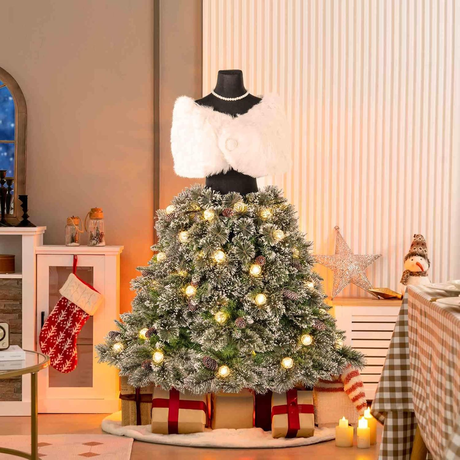 Costway 150CM Pre-Lit Mannequin Artificial Christmas Tree, Hinged Dress Form Xmas Tree W/ 465 Branch Tips, 50 LED Light Balls, 36 Natural Pine Cones, Shawl, Necklace, Holiday Decoration for Home Party image number 5