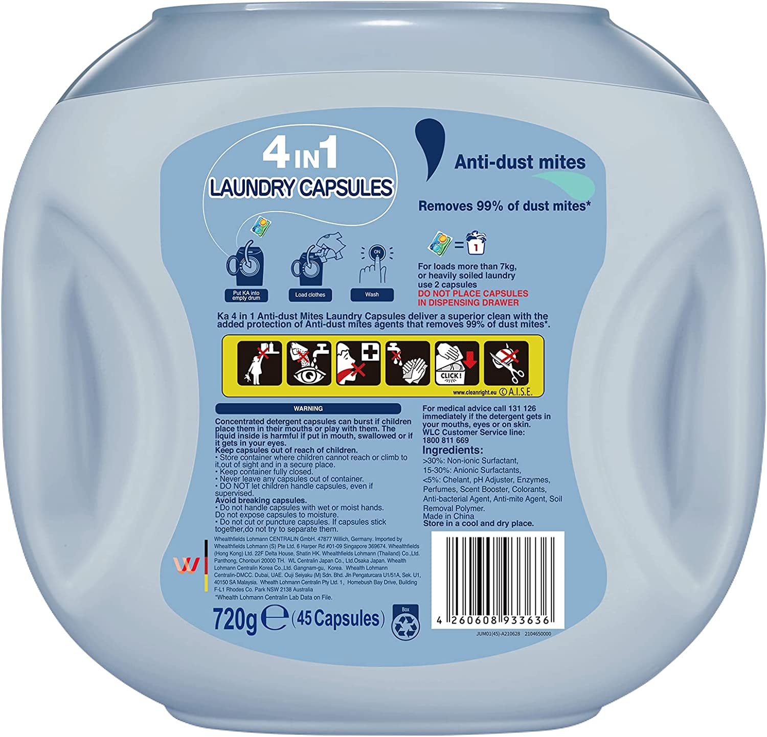 Ka Pod 4 in 1 anti Dust Mites Laundry Capsules 45 Pack
