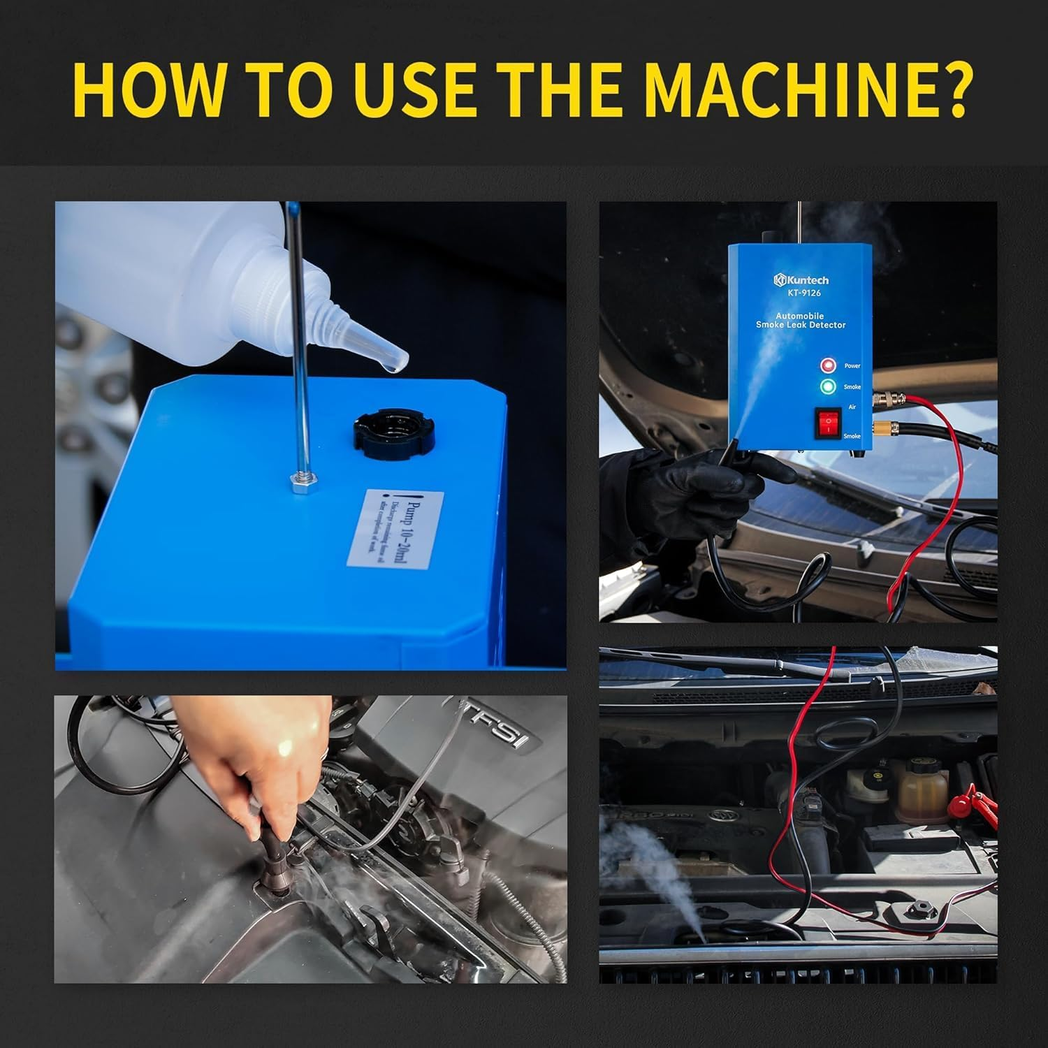 Kuntech Smoke Machine Automotive Built-In Air Pump, 12V DC Smoke Leak Detector for Pipe System, Fuel Leakage, Leakage Diagnostic Tester for Ute, Cars, Trucks, Motorcycle, ATV, Boats, Snowmobiles