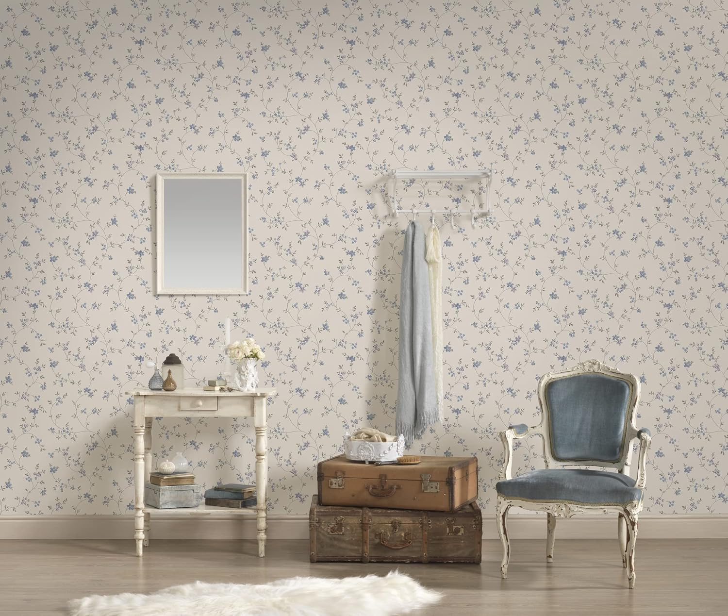 A.S. Cr&eacute;ation Maison Charme Non-Woven Wallpaper with Floral Pattern 0.53 X 10.05 M - Cream, Grey, Blue - Flower Wallpaper in Country House Style, Made in Germany - 390713 image number 2