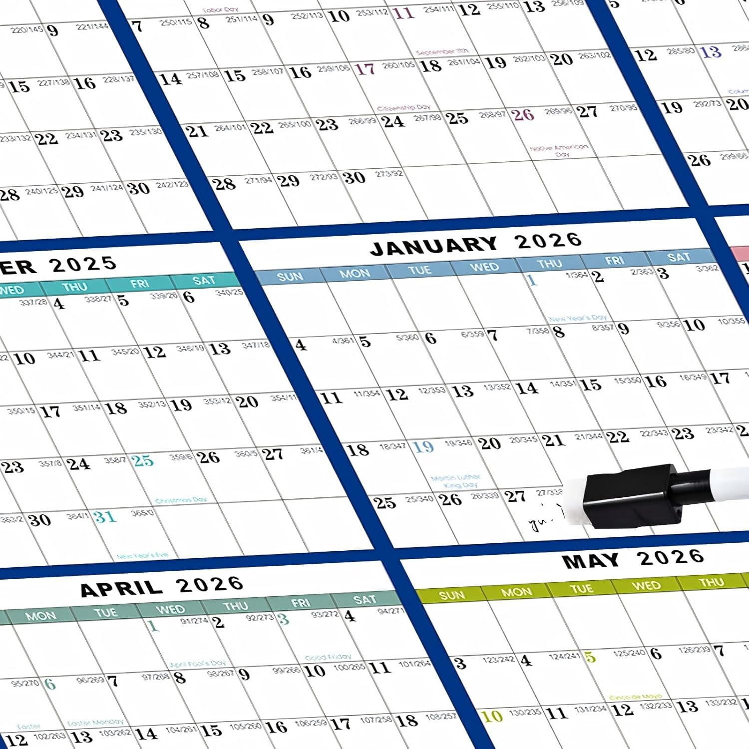 2025-2026 Wall Calendar Large, 58 X 88 Cm - Runs from July 2025 until June 2026, Wet & Dry Erasable Laminated 12 Month Planner, Reversible, Horizontal/Vertical, 2 Erasable Pens & Double-Sided Adhesive image number 6