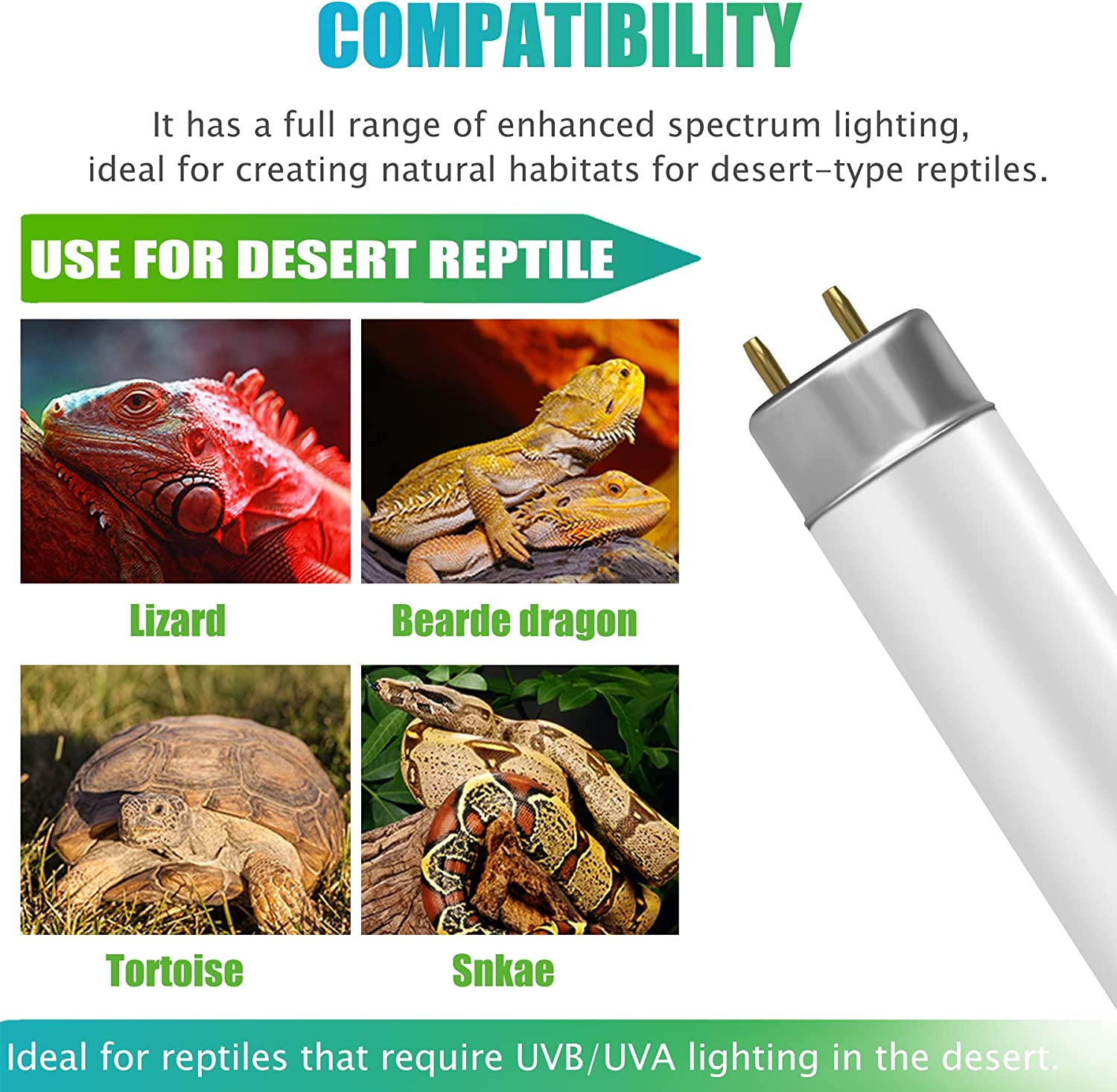 T8 Desert Terrarium Fluorescent Lamp Tube 18" Full Spectrum UVB Bulb, Dual-Threat UVA/UVB 10.0 Reptile Light for Reptiles and Amphibian, 15 Watt image number 1