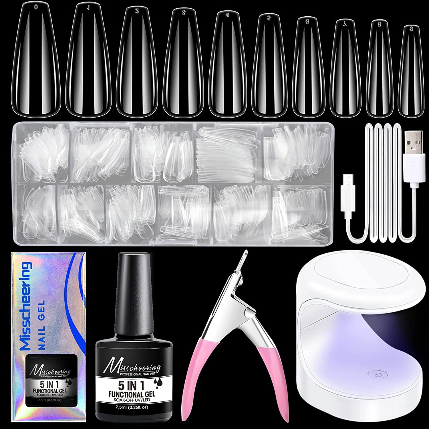 Meschett Acrylic Nail Kit - 500 Pcs Transparent Fake Nails in 10 Different Sizes with LED Nail Lights, Nail Clippers,Nail Glue, Gel Nail Polish Kit with Uv Light and Nail Glue for Nail Art DIY image number 4