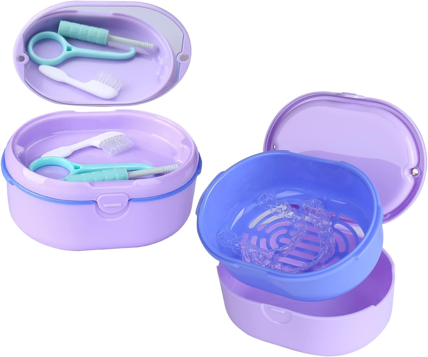 Large Denture Bath Case Cup Box Holder Storage Soak Container， Retainer Case,Mirror Orthodontics Mouth Guard Case,Suitable for Dentures, Partial Dentures, Chews and Removal Tool with Braces（Purple）&hellip;