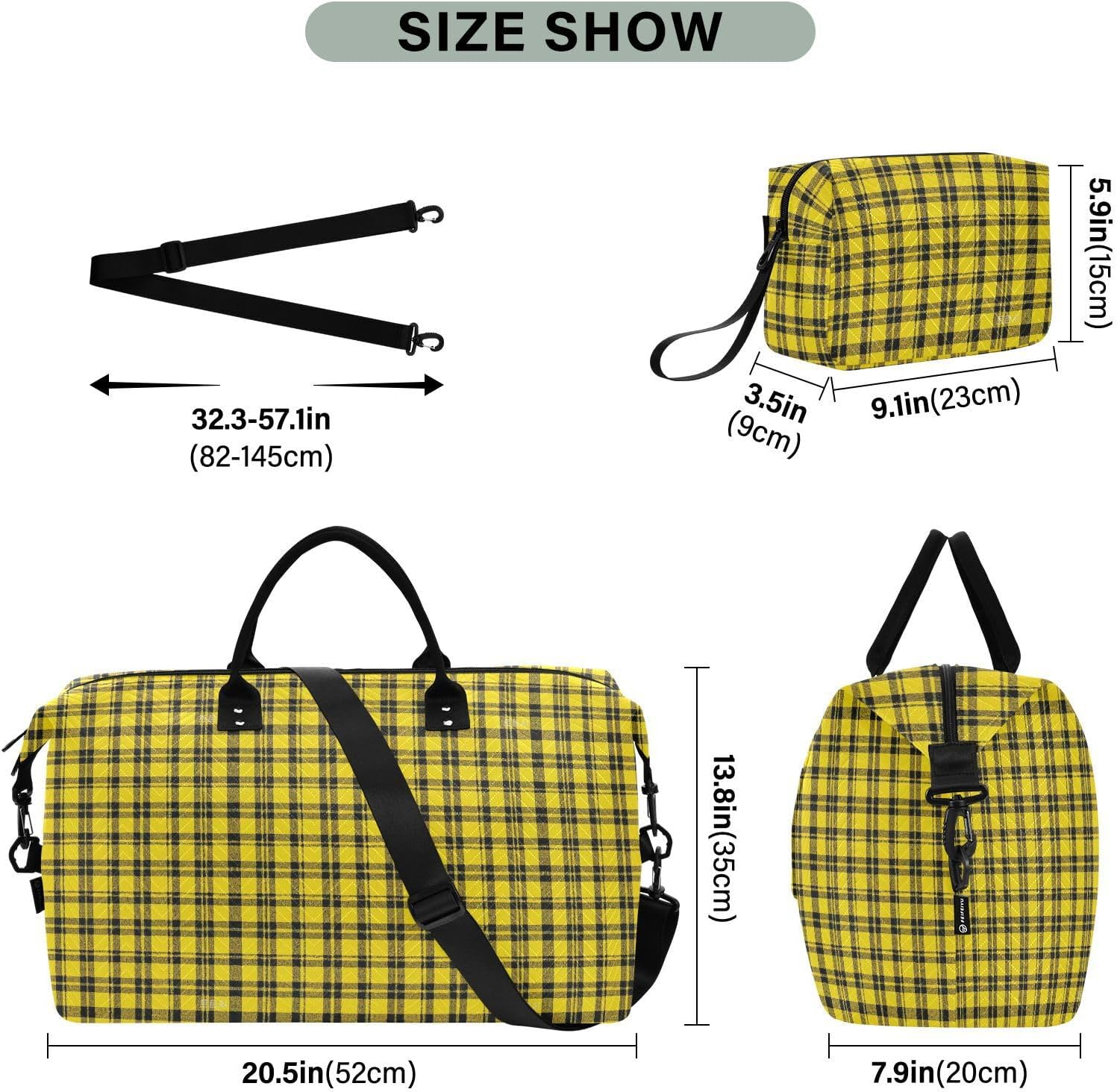 Large Bag Travel Weekender Gear Bag Gym Bag with Adjustable Strap for Airplane Traveling Large Capacity, Yellow Buffalo Plaid Checked