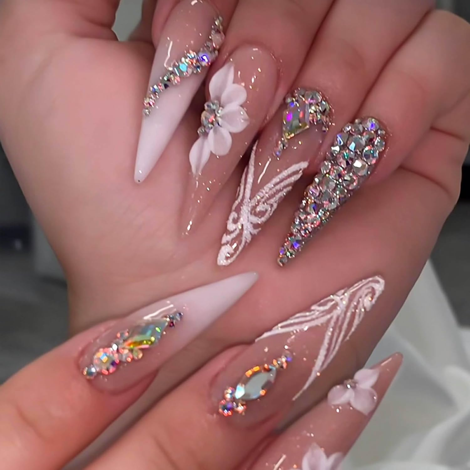 RUOKEXIN Long Press on Nails Stiletto Shaped Fake Nails Handmade False Nails with Rhinestones Designs White Ombre Glue on Nails Glitter Artificial Nails Luxury Stick on Nails for Women 24Pcs