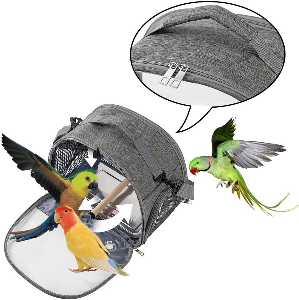 Esforzarse Grey Bird Travel Carrier with Stand Perch and Stainless Tray, Pet Transparent Breathable Travel Cage, Portable Small Bird Parrot Parakeet Cockatiel Carrier for Small Cockatiel, Birds,Parrot