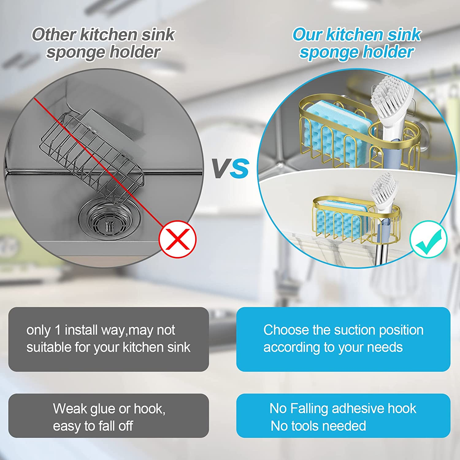 Yazoni 2-In-1 Sponge Holder for Kitchen Sink, Suction Cup Rack Caddy, No Drill Rustproof Kitchen Sink Organizer for Place Dishwashing Brush Soap and Sponge (Gold) - Gold image number 3