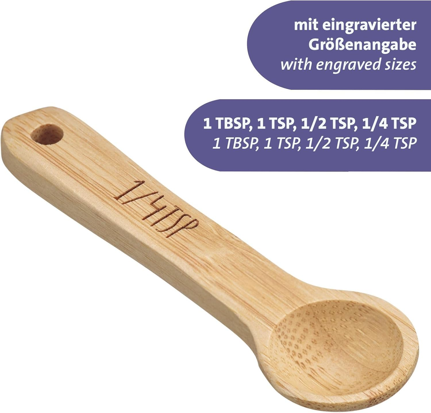 Westmark Woody Measuring Spoons Set - 4 Premium Measuring Spoons with Lettering, Ideal for Dry Ingredients and Spices, 1, 1/2 and 1/4 Teaspoon plus 1 Tbsp - Bamboo, Set of 4 image number 6