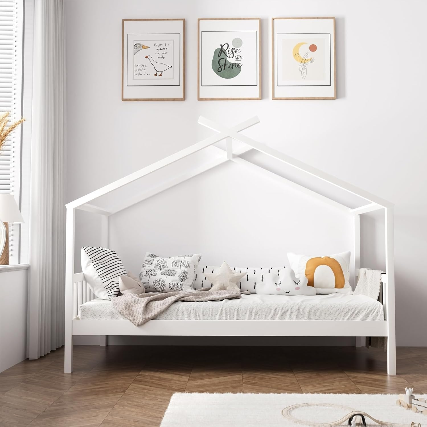 Oikiture Kids Single Bed Frame with Wooden Timber Base Kids House Wood Mattress Base Platform, White image number 3