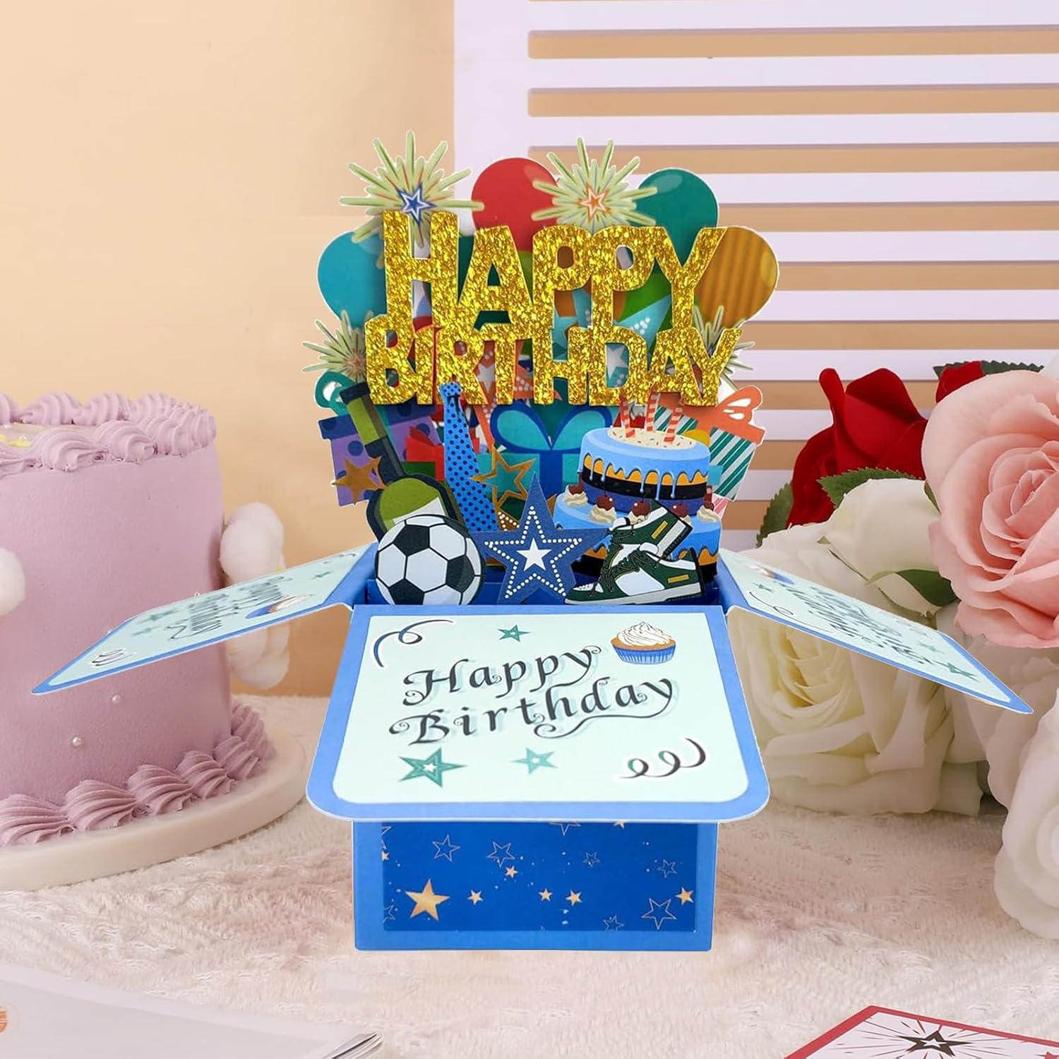 Pop up Happy Birthday Card,3D Candle Cake Happy Birthday Pop up Greeting Boxed Cards,Special for Friends Kids Families Boys and Girls (Blue) - Pink And Golden image number 2