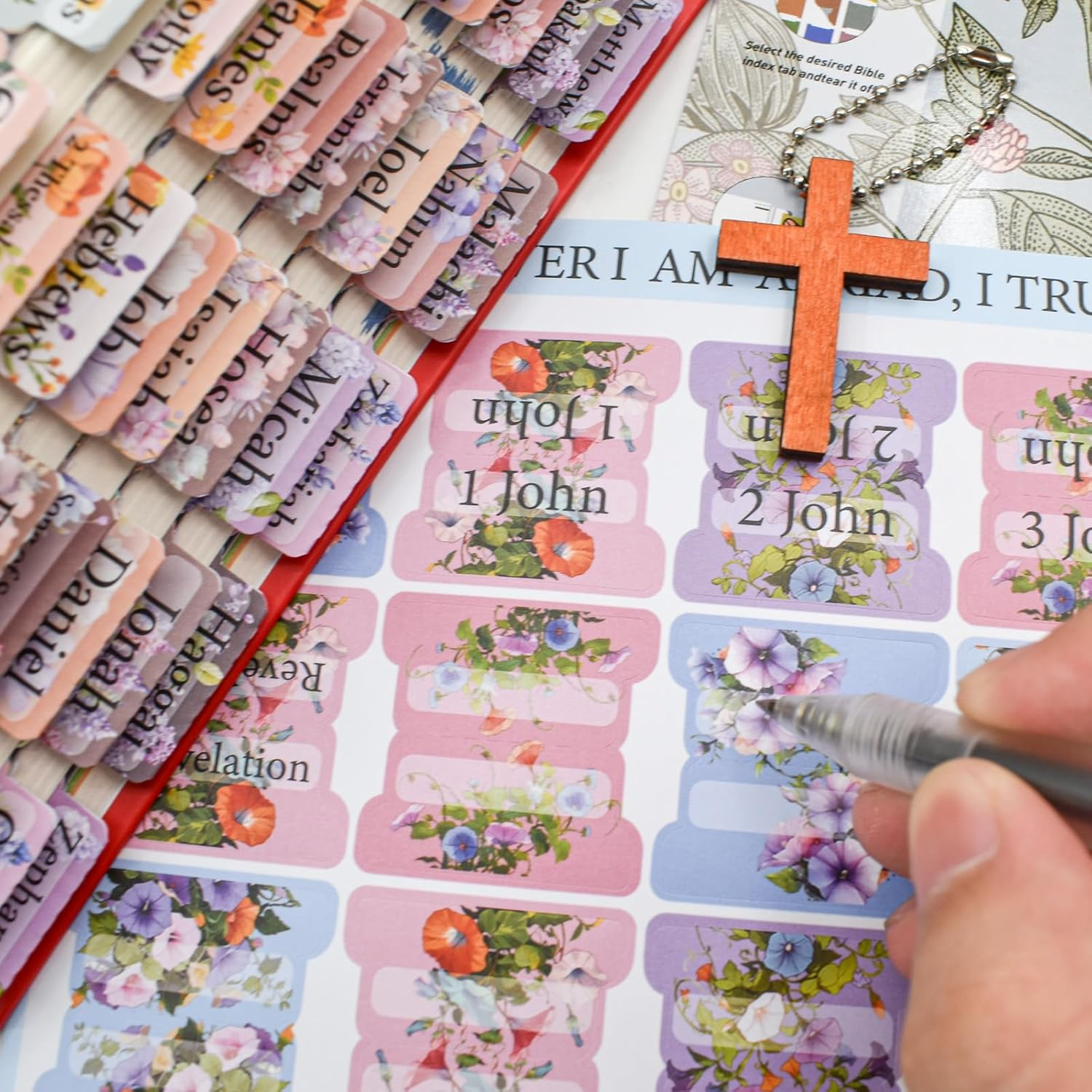 VANRA Bloom Floral Bible Tabs for Women Study Bible 75 Peel-And-Stick Large Print Laminated Bible Index Tabs Flower Bible Journaling Supplies Accessories Book Summaries Labels (Flower 1) image number 4