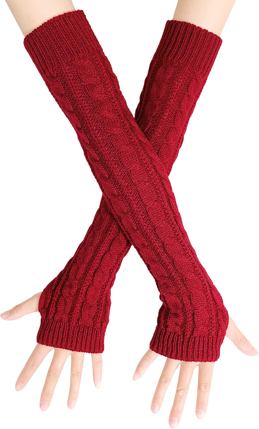 Womens Winter Warm over Elbow Long Fingerless Thumb Hole Gloves Mittens Knitted Arm Warmer - Black image number 5