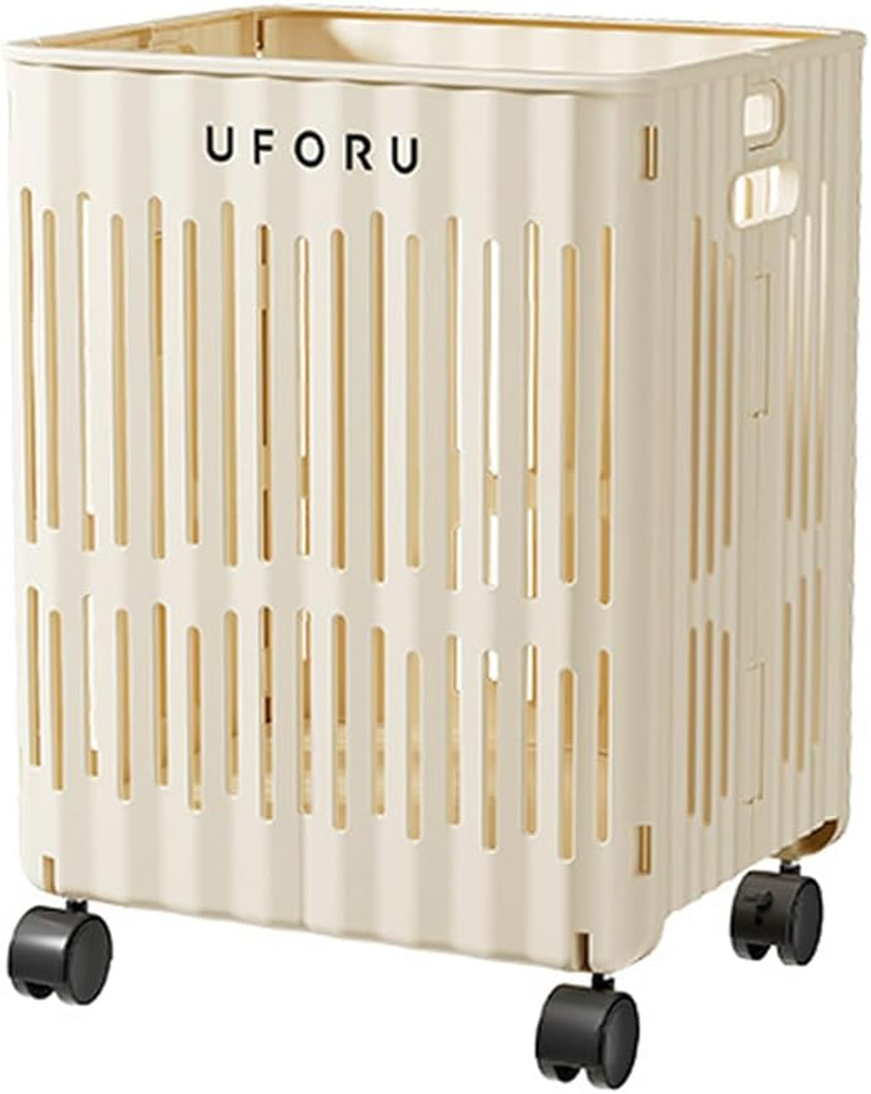 AIMALL Folding Laundry Hamper with Wheels, Breathable PP Storage Basket, Large & Small Size Options, Rolling Dirty Clothes Bin for Bedroom Bathroom, Cream White image number 1