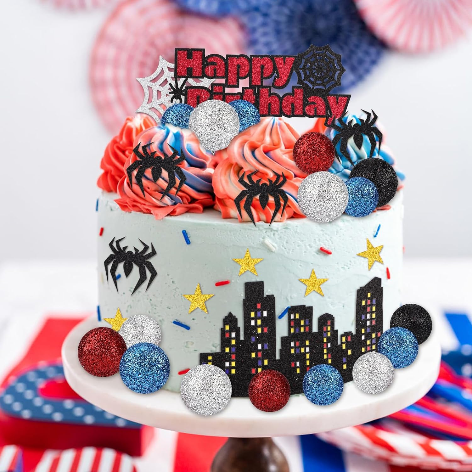 38Pcs Spider Theme Cake Toppers, Spider Cake Decorations Foam Balls Happy Birthday Spider Web Decorations for Boys Men Birthday Baby Shower Spider Theme Parties image number 5