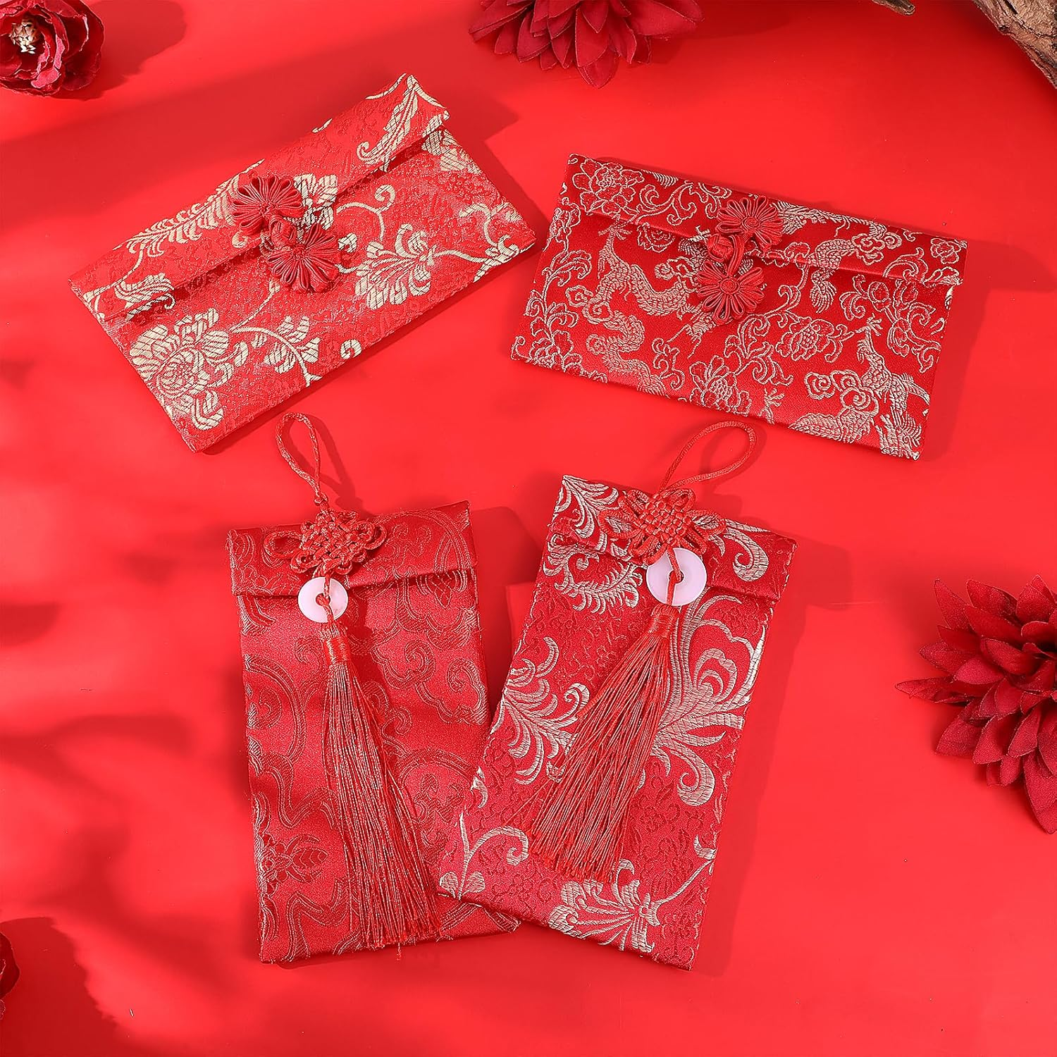 4 Pcs Silk Red Envelopes Chinese Dragon and Phoenix Embroidered Chinese Red Pocket Lucky Pockets Hongbao Invitation Card Cash Envelope for New Year Spring Festival Wedding Birthday Chinese Knot Button