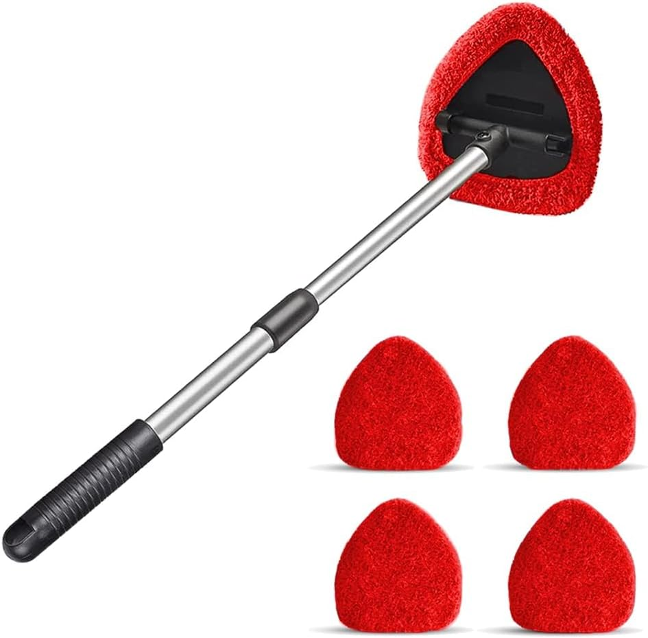 Windshield Cleaning Tool, Car Window Cleaner with 4 Washable Reusable Microfiber Pads, Extendable Long Handle Glass Wiper Cleaning Kit, Auto Accessories Universal for Office and Home (Red)