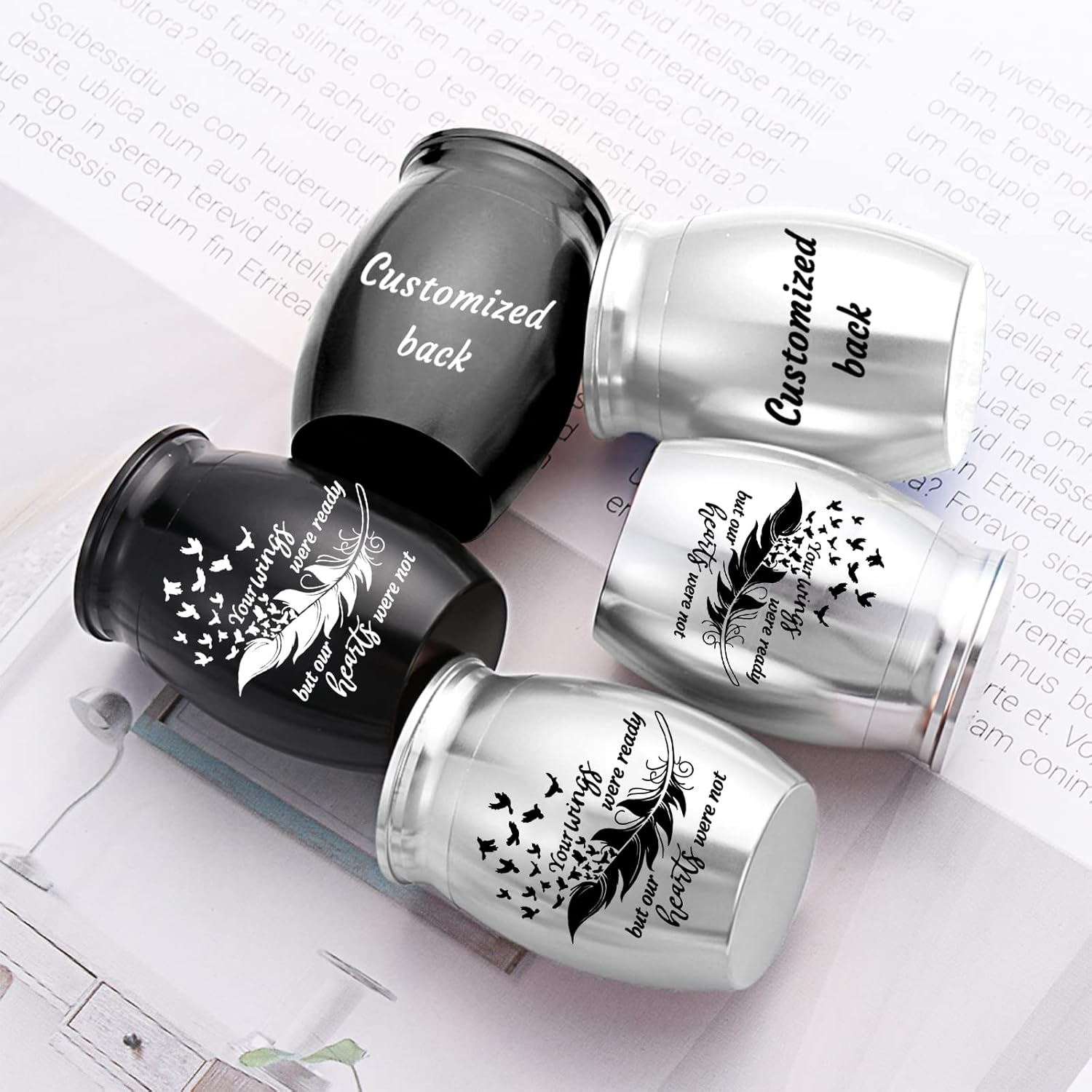 Small Keepsake Urns for Human Ashes - Set of 6 - Share Urn with Family & Friends Mini Cremation Urns with Feather Seagull Pattern Stainless Steel Memorial Ashes Holder (6Pcs Urn) image number 1