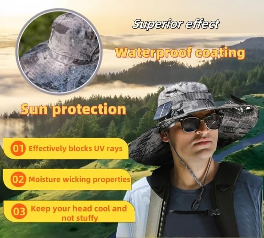 Outdoor Solar Fan Sun Hat &ndash; Wide Brim UPF 50+ Bucket Hat with 2 Cooling Fans for Men & Women, Breathable Fishing & Beach Hat for Hot Summer Days Army Green image number 4