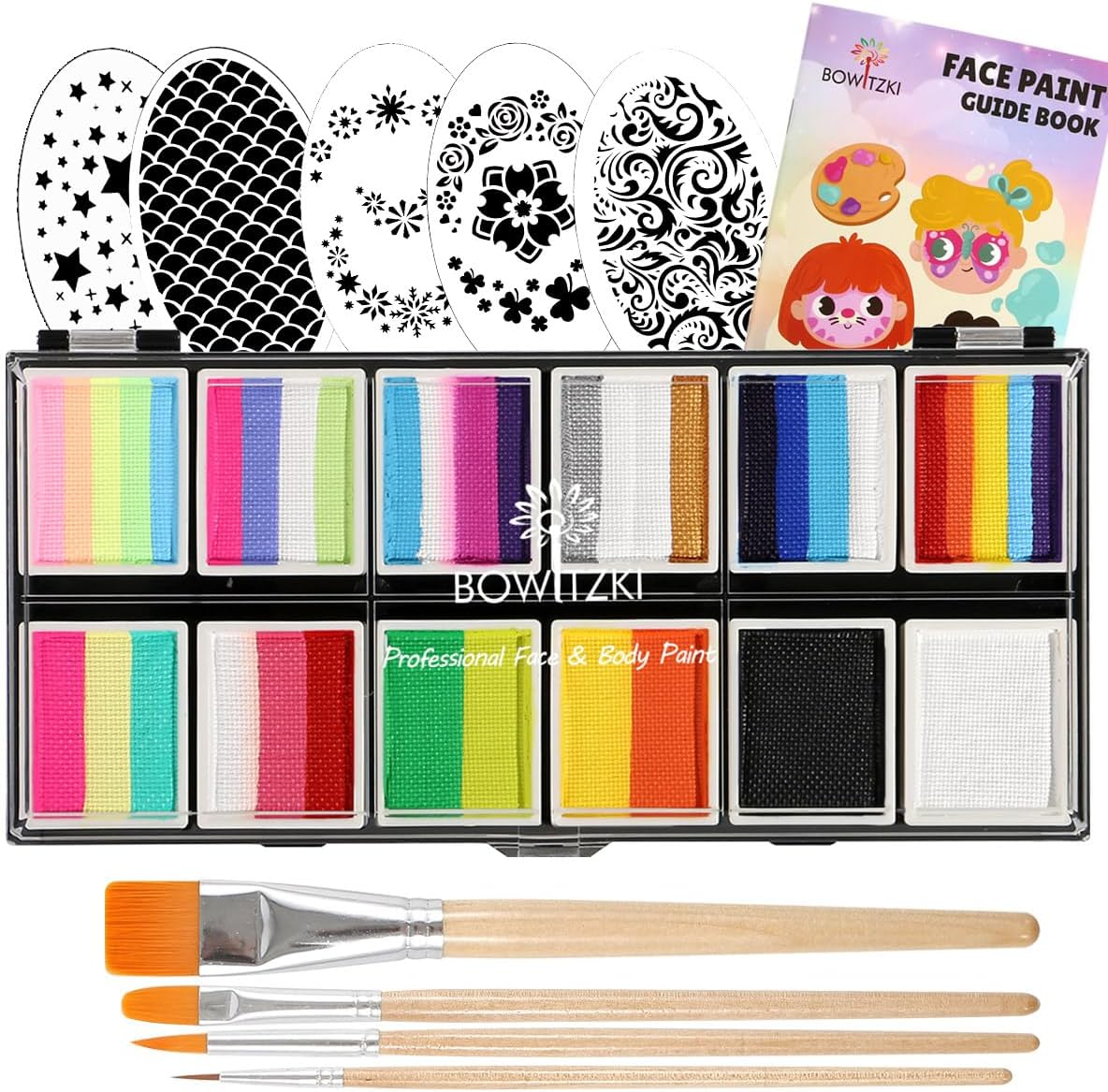Bowitzki Face Paint 12X10 Gm Professional Body Painting Kit for Kids Adults Stencil One Stroke Split Cake Non Toxic Rainbow Flora Dolphin Unicorn Flame Makeup Halloween Christmas Easter - Bright Set image number 3
