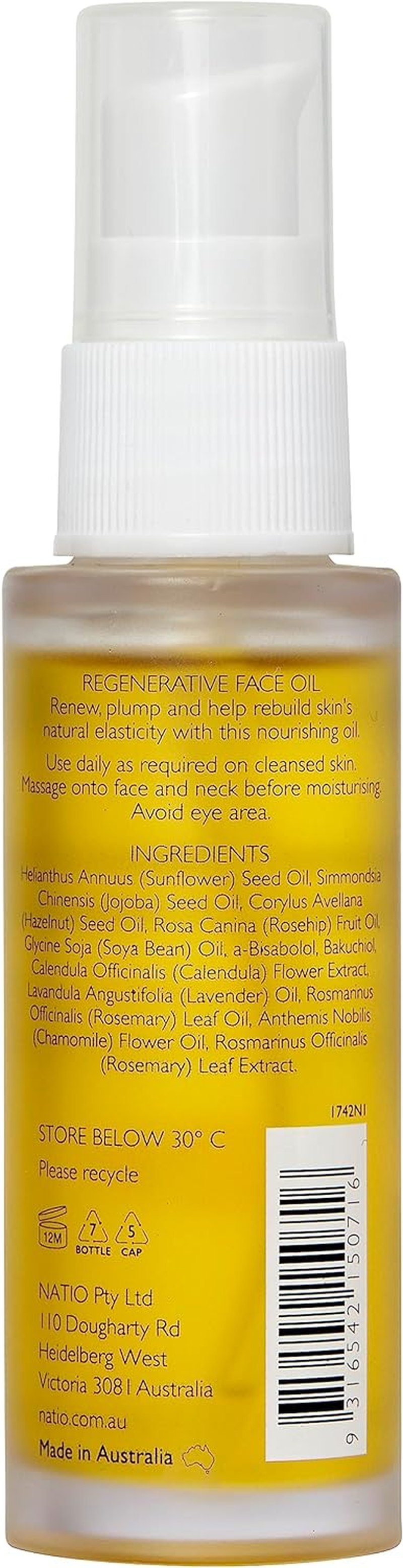 Natio Australia Aromatherapy Regenerative Face Oil 30Ml - Plumping Jojoba & Rosehip Oil for the Face, Suitable for All Skin Types - Plant-Based, Nourishing & Improve Elasticity - Made in Australia