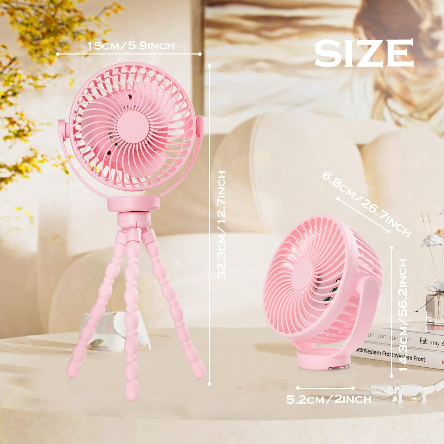 Hianjoo Stroller Fan with LED Light, 5200 Mah Desk Fan Silent Camping Fans with Hook 360&deg; Rotation Flexible Portable Rechargeable Electric Powerful Cooling Fan for Office/Camping/Car/Bbq/Gym, Pink