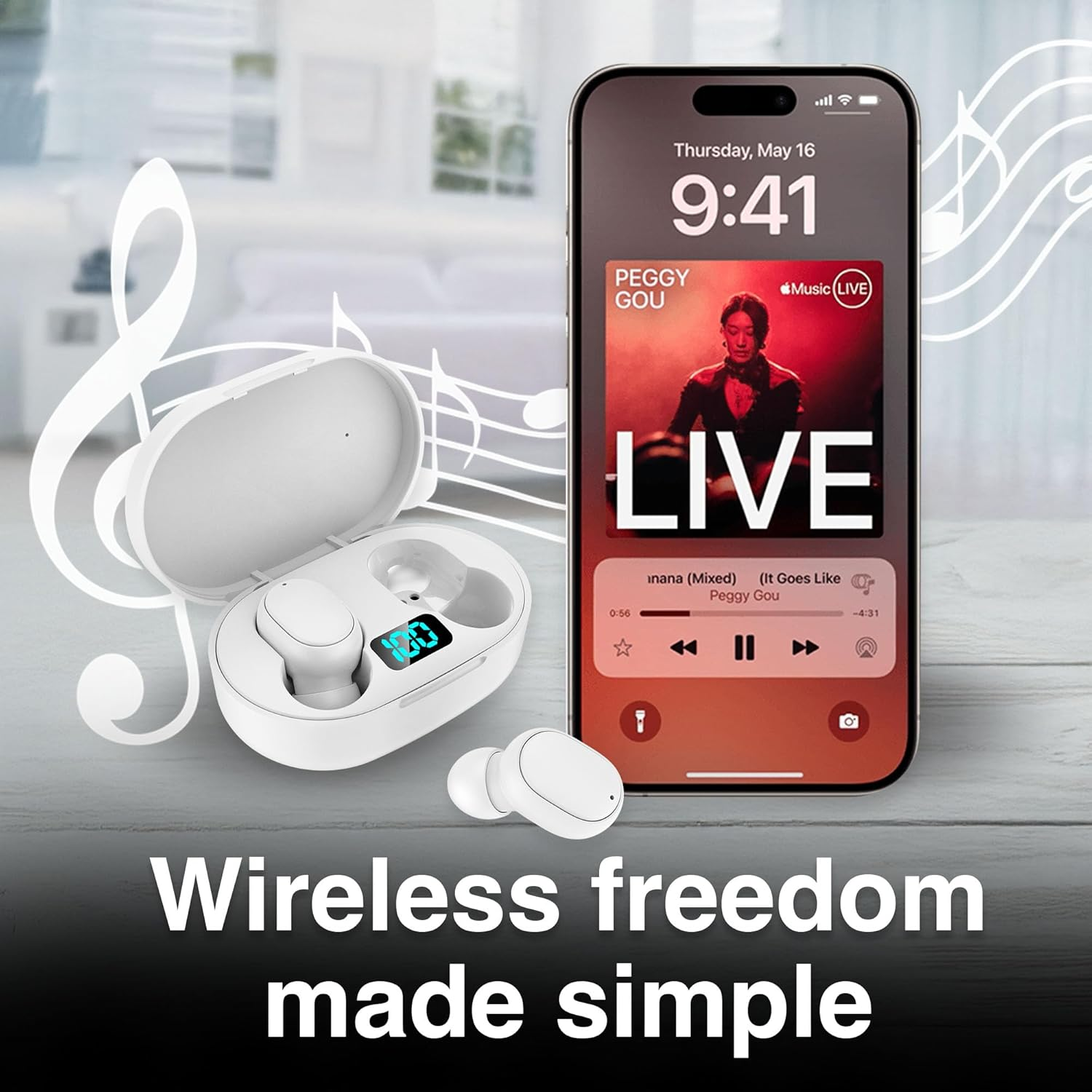 Laser True Wireless Earphones White with LED Battery Display Bluetooth 5.3 TWS Headphones USB-C Charging Case for Music Calls Travel Gym Work