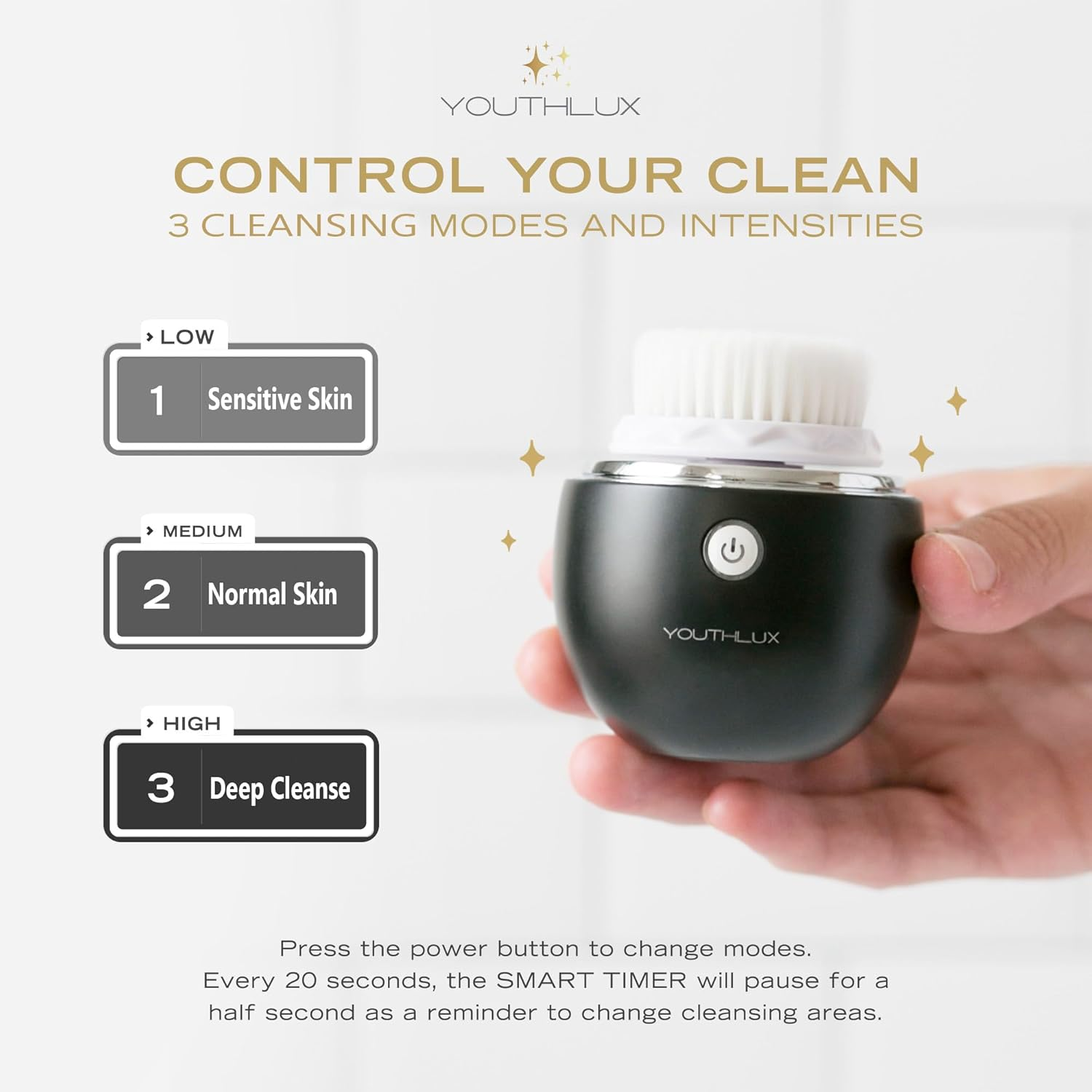 YOUTHLAB Pure Radiance Sonic Facial Cleansing Brush, Vibrating, Electric, 3 Modes, 3 Brush Heads (2 Bristle,1 Silicone), Waterproof, Rechargeable, Exfoliating, Massage, Acne, Black Heads (Black) image number 1