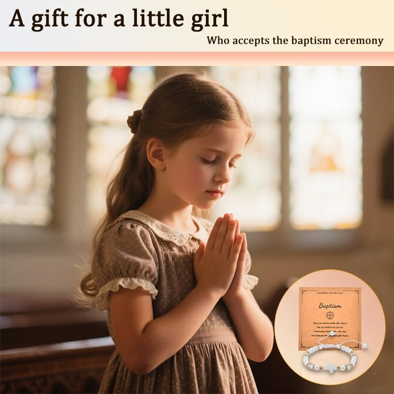 Christian Gifts for Girls First Communion Baptism Gifts for Girls Pearl Cross Bead Bracelet with Card image number 4