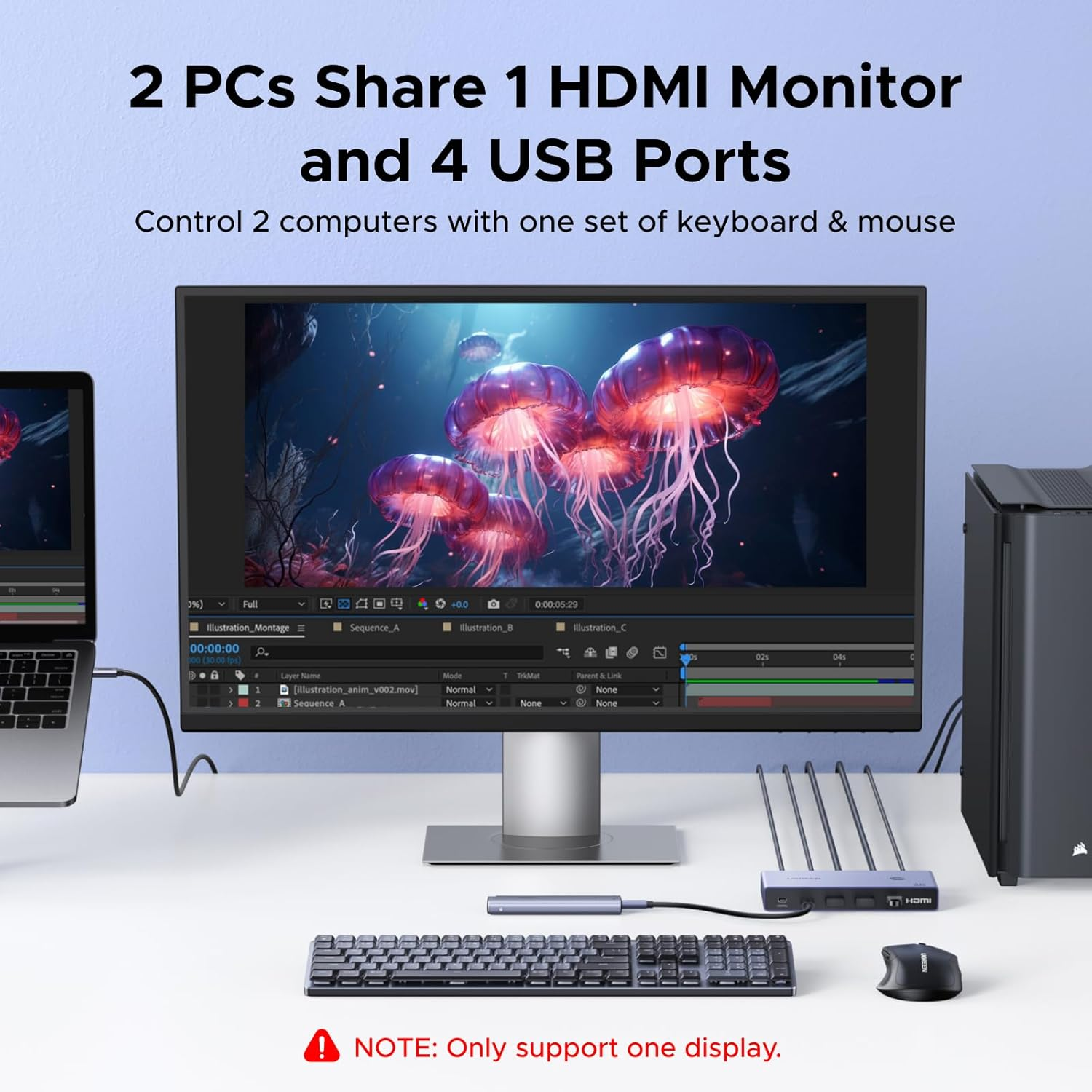 UGREEN USB-C+HDMI KVM Switch 2 in 1 Out 4K@60Hz, 5Gbps High-Speed Transmission 2Pcs Sharing 1 Monitor & 4 USB 3.0 Devices, 4 Port USB C & a Switcher Sharing Keyboard and Mouse, Printer/Scanner