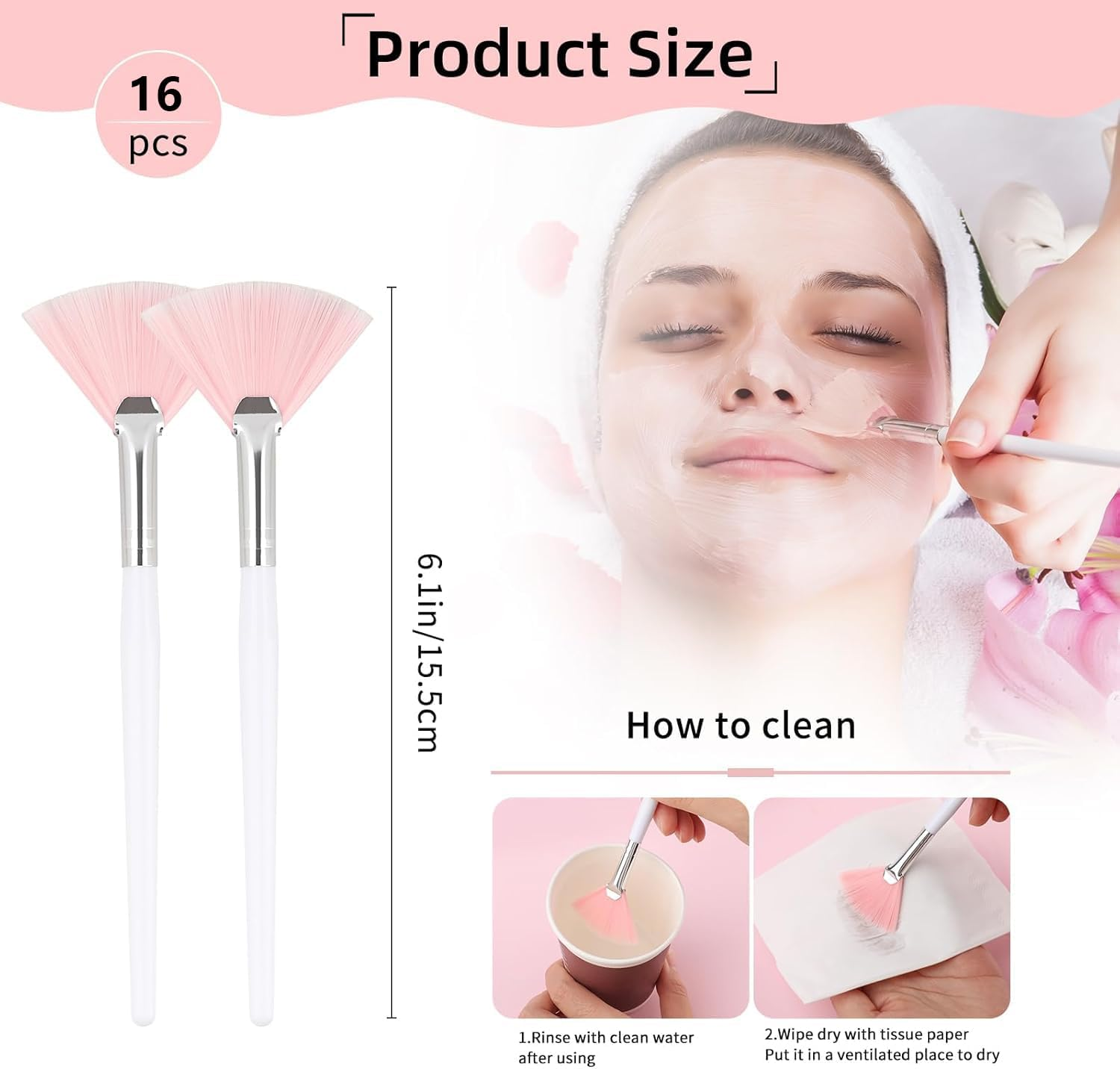 Pink Fan Mask Brush Set 16-Piece - Soft Facial Applicator Brushes for Makeup & Skincare, Professional Esthetician Tools for Even Foundation, Powder & Mask Application with Ergonomic Handles