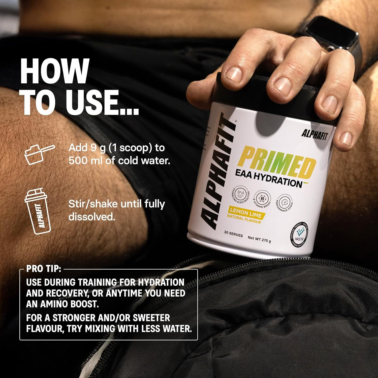 ALPHAFIT Primed EAA + Hydration Powder, Lemon Lime, Essential Amino Acids + Electrolytes for Recovery, HASTA Certified, 270G (30 Serves) image number 5