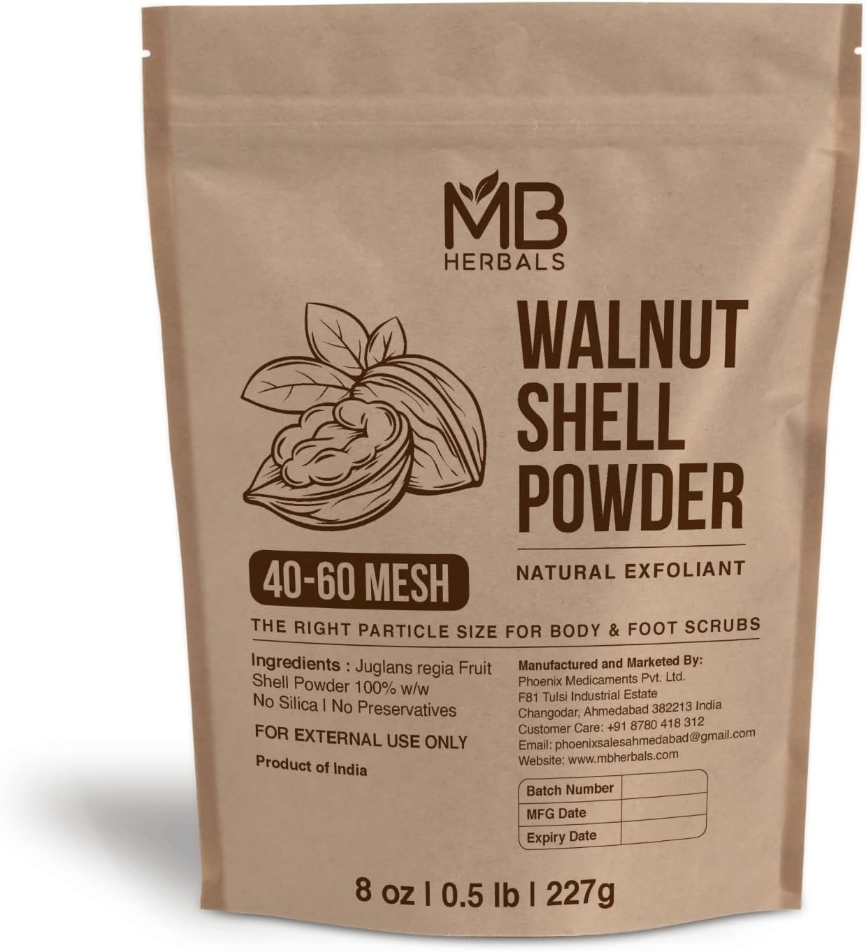 MB Herbals Walnut Shell Powder 8 Oz / 0.5 Lb 227 Gram | 40-60 Mesh Size Coarse Grain | for Exfoliating Soaps Body Scrubs & Foot Scrubs | Coarse Grain for Greater Exfoliation
