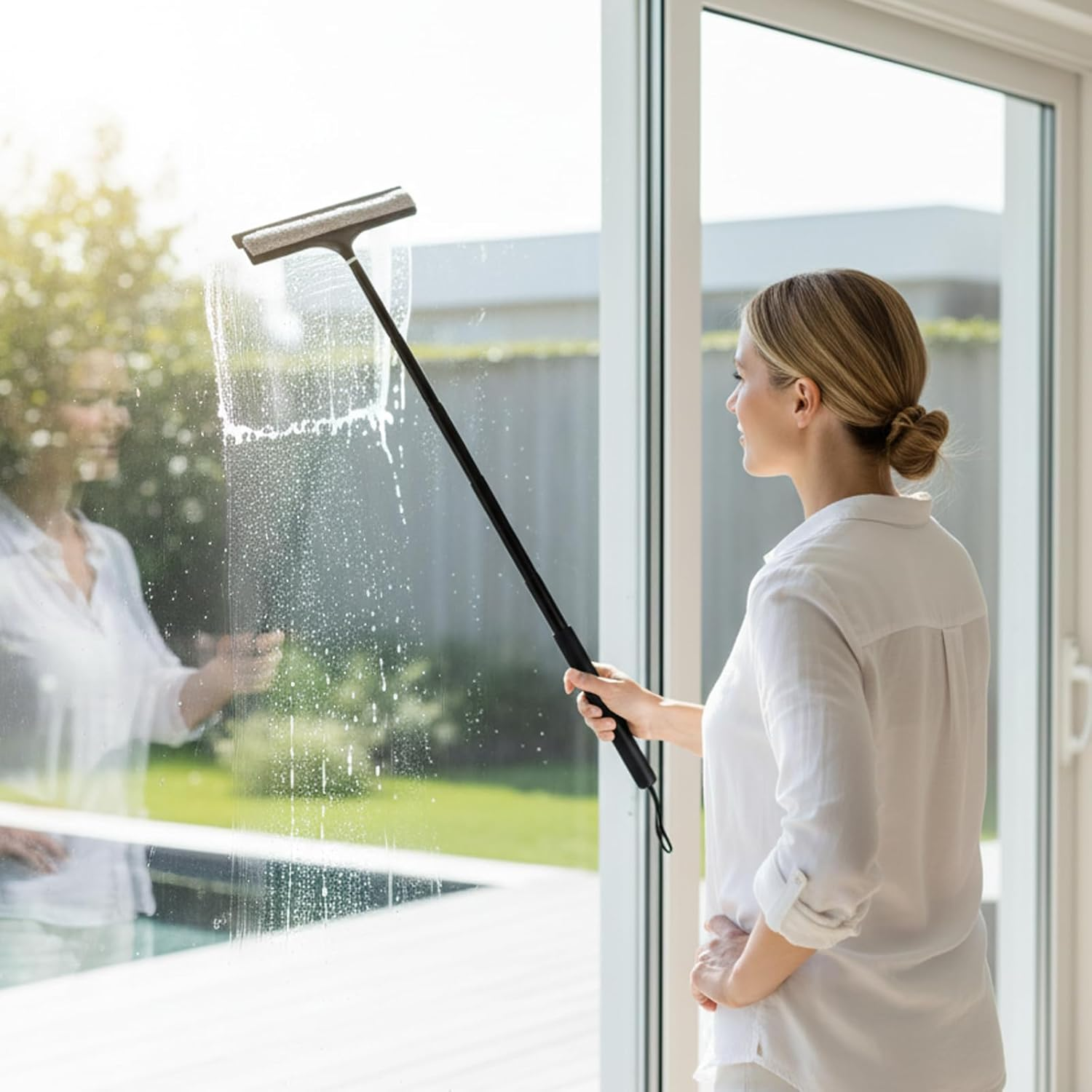 Mannicix Shower Squeegee Long Handle, Squeegee Shower Black, Squeegee Base with Holder, Extendable Shower Squeegee Long Handle 33-123 Cm for Shower, Bathroom, Mirror, Glass Cleaning