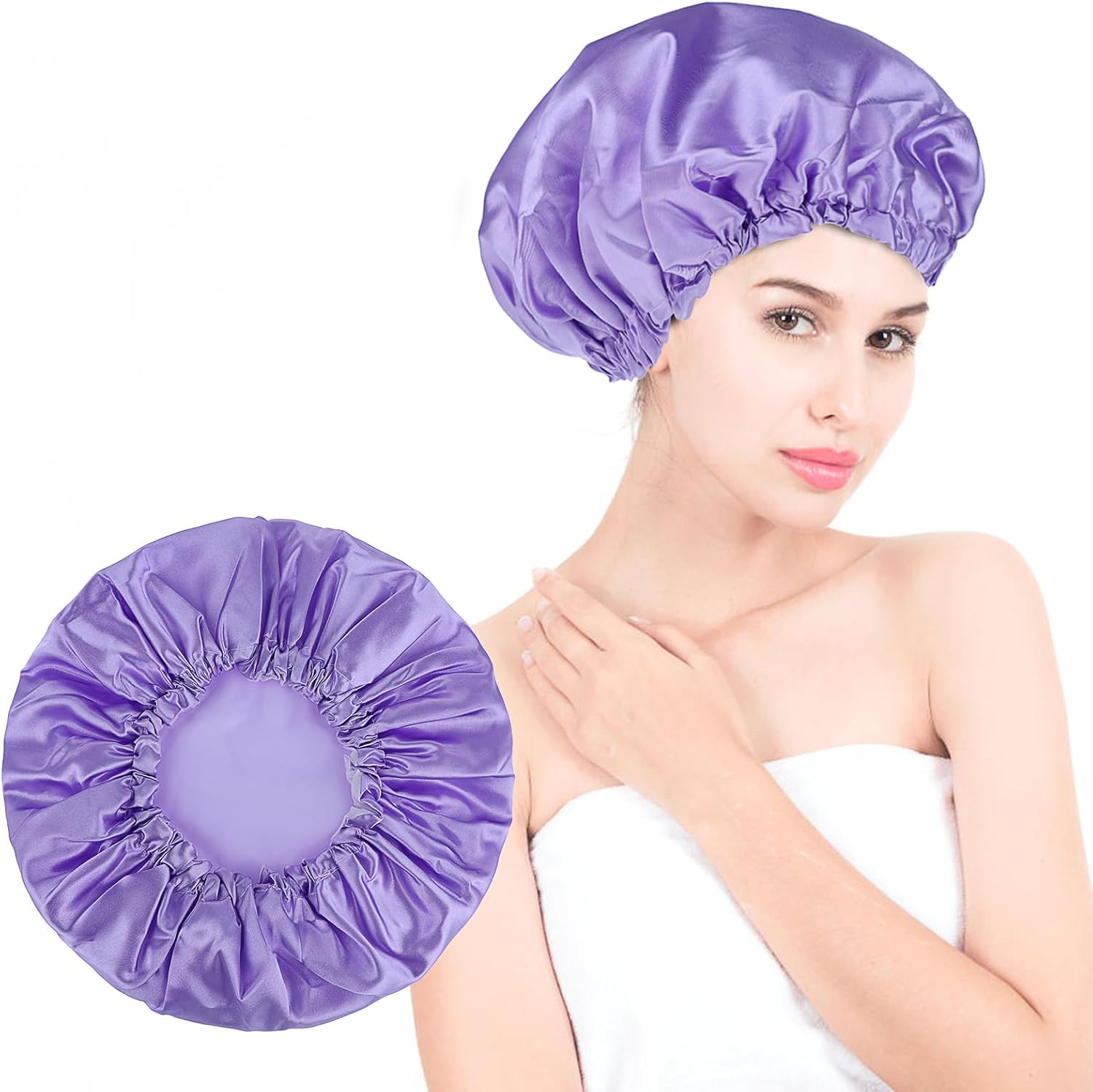 Prasacco Large Shower Caps for Women, Waterproof Shower Cap Double Layers Bath Caps Reusable Hair Cap Washable Elastic Shower Bonnet Bath Hair Hat for Long Hair Braids image number 2