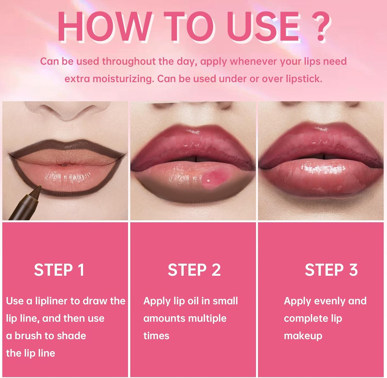 Noerrors 4 Colours Lip Oil and Lip Liner Set Long Lasting Lip Care Oil Large Brush Head Moisturising Clear Pink Glitter Transparent Lip Gloss Combination Makeup image number 1